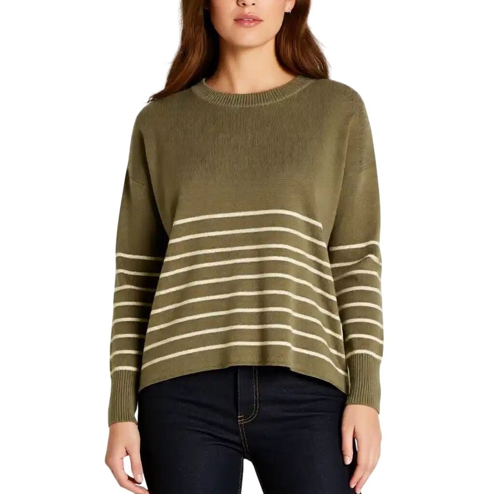 CeCe WomensBrown Taupe Striped Crew Neck Long Sleeve Knit Sweater Size S NWT